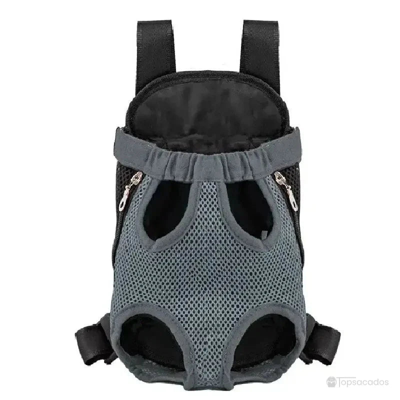 Sac à dos et ventral chat gris avec tissu maillé respirant, ouvertures ergonomiques pour les pattes et fermetures éclairs latérales visibles.