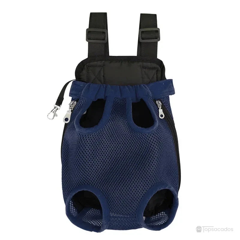 Sac à dos et ventral chat bleu marine avec sangles réglables et tissu en maille aérée pour transporter confortablement votre compagnon.