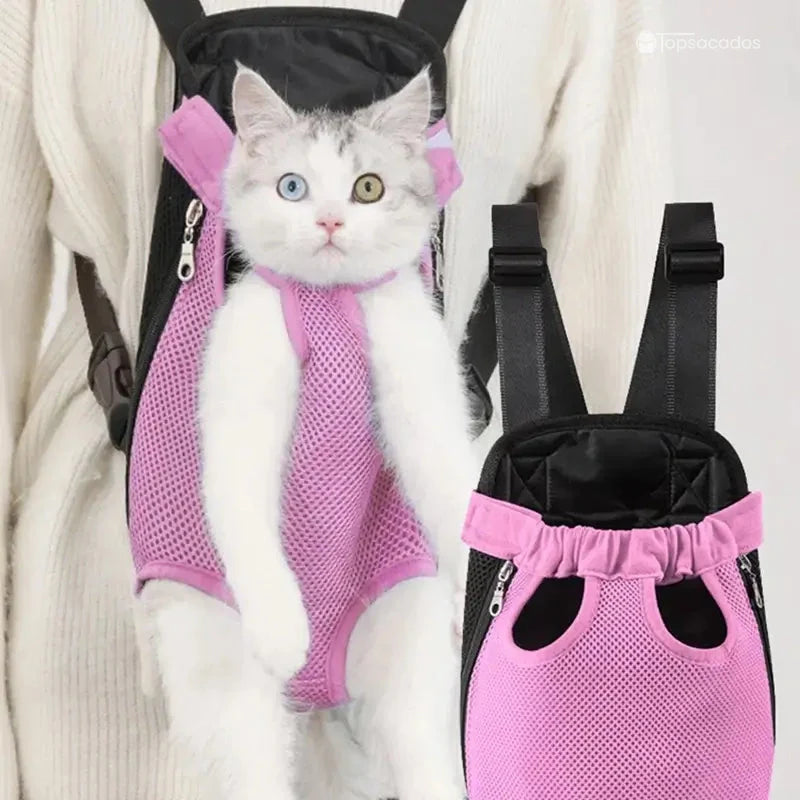Sac à dos et ventral chat rose lilas porté par une personne, avec un chat aux yeux vairons bien installé, version produit affichée à droite.