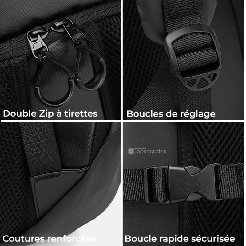 Sac à dos étanche pour moto avec détails en gros plan : zip double tirette, boucle de réglage, coutures renforcées et boucle sécurisée