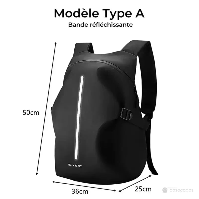 Sac à dos étanche pour moto modèle A, 50 cm de haut, 36 cm de large, 25 cm de profondeur, avec bande réfléchissante verticale