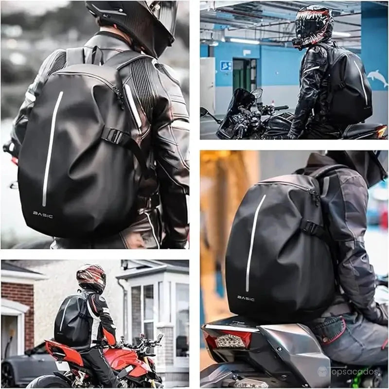 Sac à dos étanche pour moto porté par plusieurs motards, en situation réelle sur route ou en garage