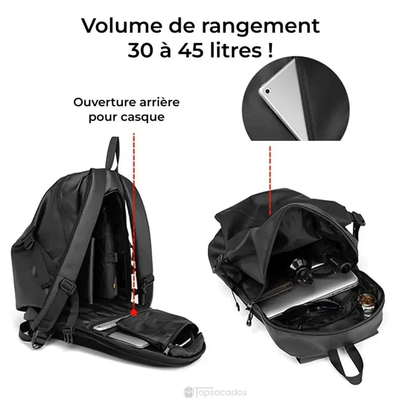 Sac à dos étanche pour moto ouvert, avec poches internes pour ordinateur portable, tablette, lampe torche et accessoires