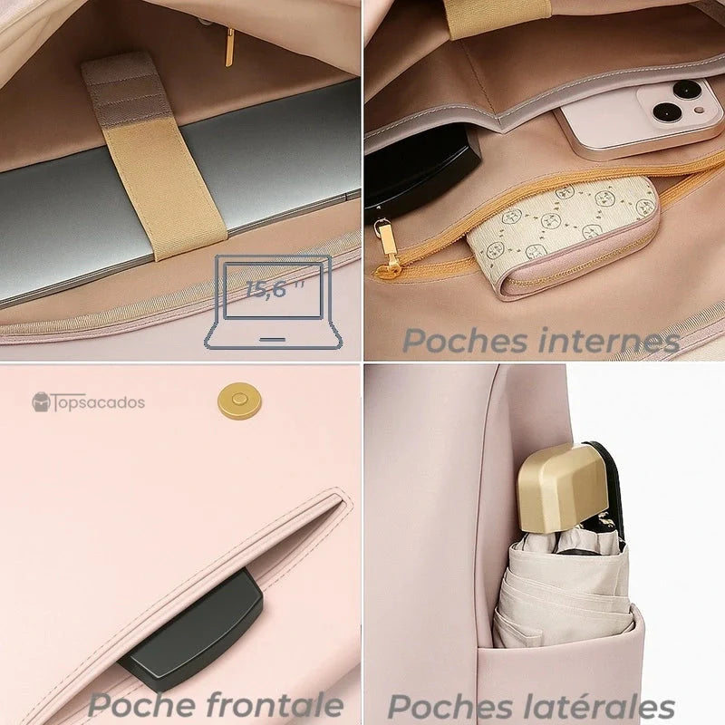 Sac à dos femme antivol avec poche ordinateur 15,6 pouces, poches internes, latérales et frontale