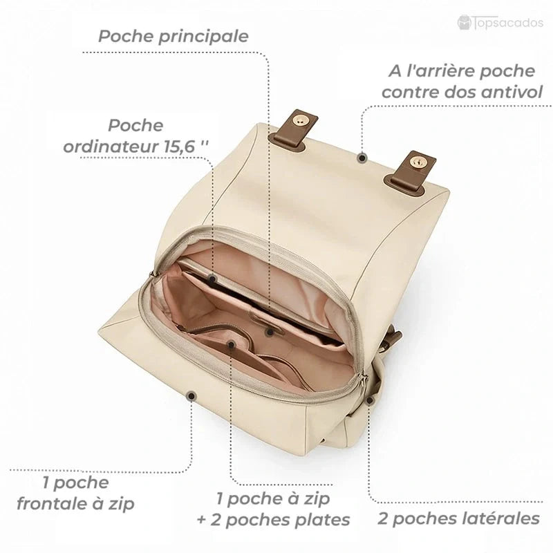 Sac à dos femme antivol avec nombreuses poches internes et latérales pour une organisation optimale