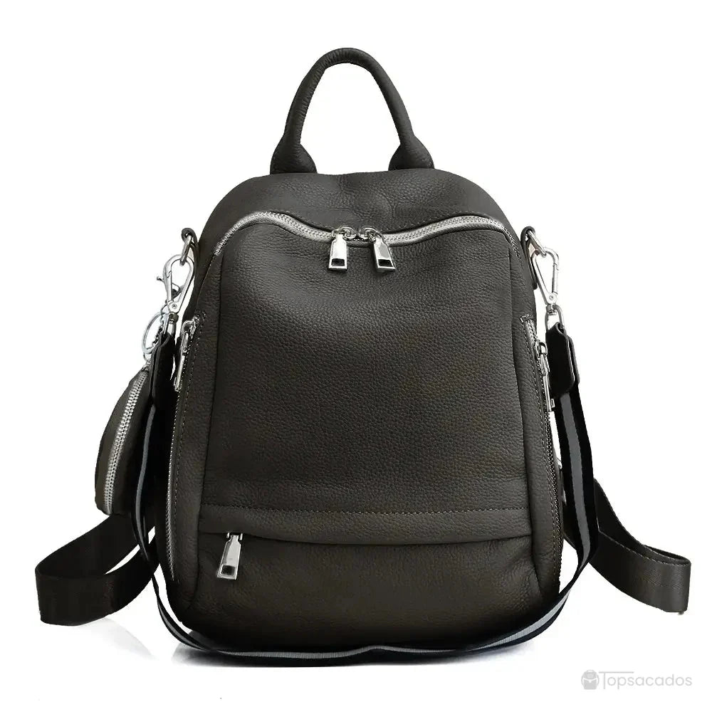 Sac à dos femme chic noir en cuir souple avec multiples poches zippées et anse supérieure
