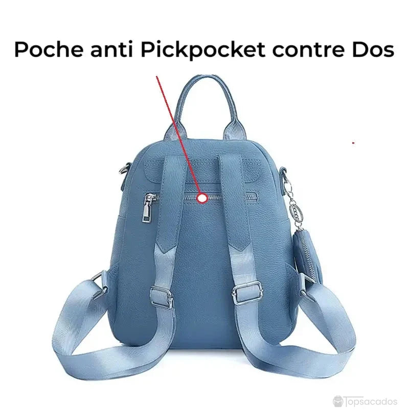Sac à dos femme chic bleu clair vu de dos avec poche anti-pickpocket intégrée
