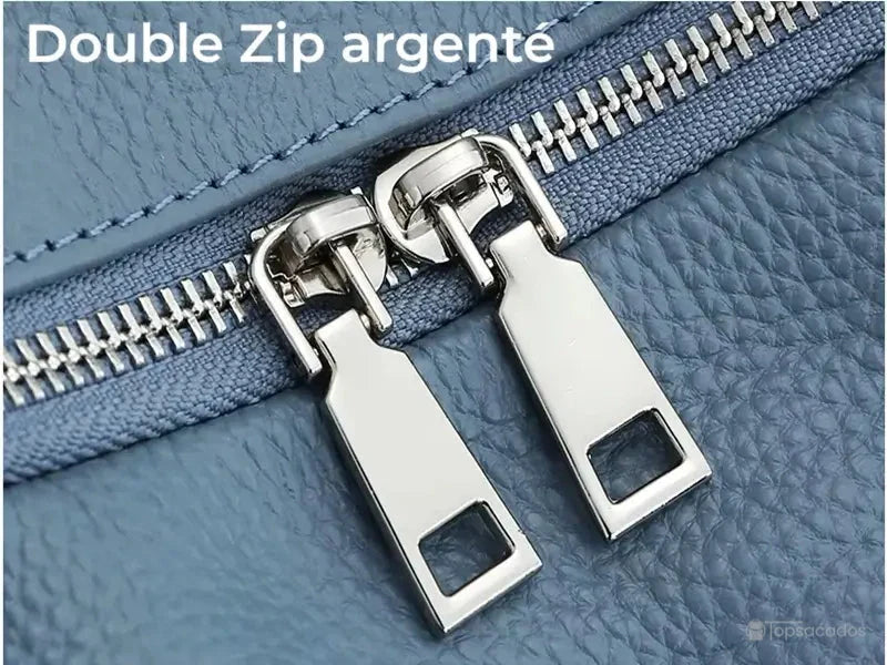 Sac à dos femme chic gros plan sur fermeture double zip argentée robuste et brillante