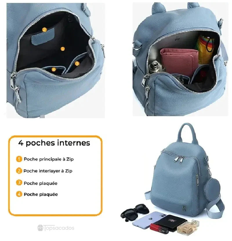 Sac à dos femme chic bleu avec vue intérieure sur les 4 poches organisées et objets du quotidien