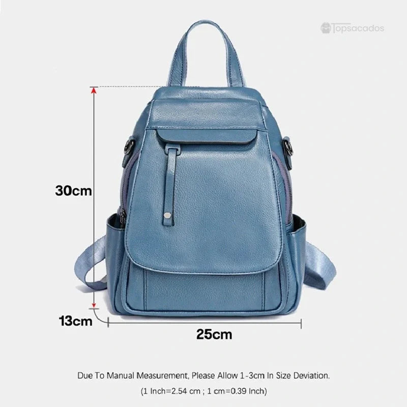 Sac à dos femme élégant en cuir bleu avec dimensions indiquées 30 cm x 25 cm x 13 cm pour un format compact