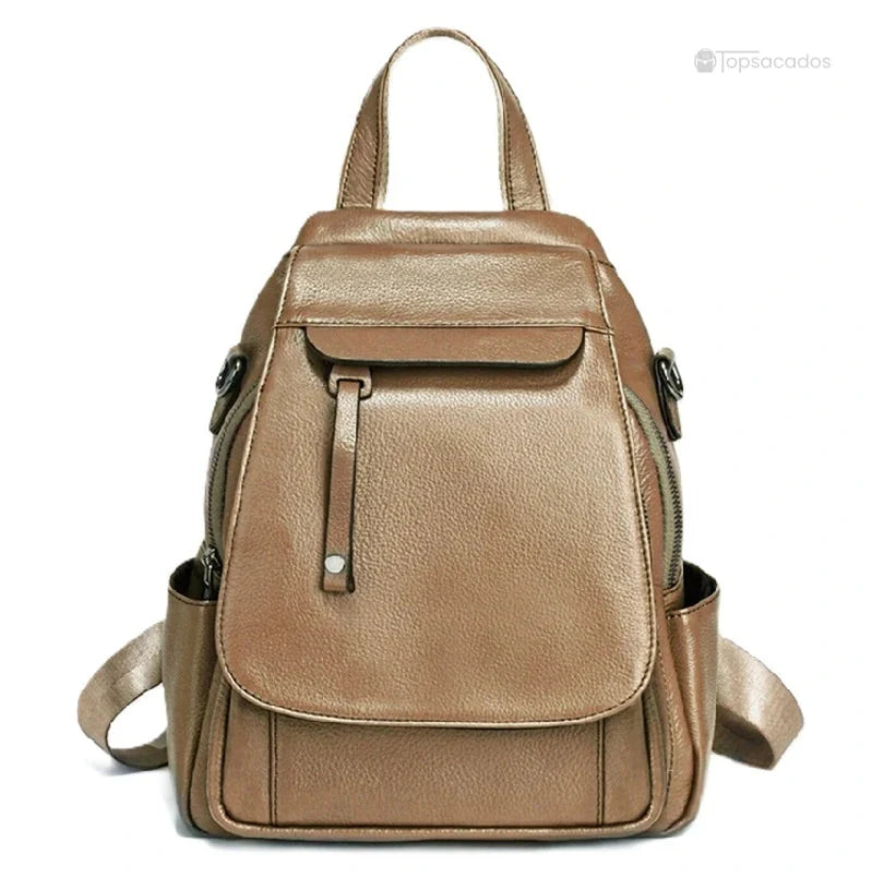 Sac à dos femme élégant kaki en cuir véritable, chic et fonctionnel pour le quotidien
