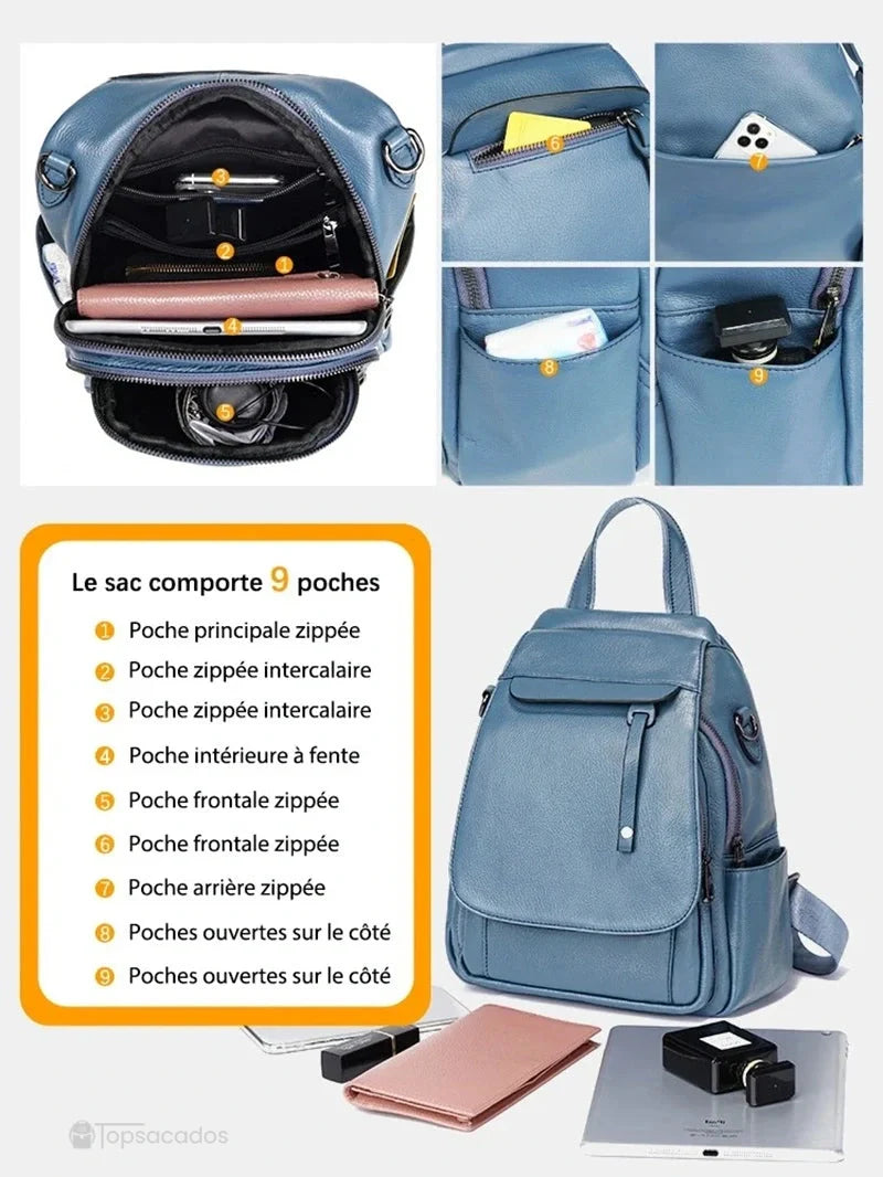 Sac à dos femme élégant bleu clair avec neuf poches illustrées pour un rangement facile et organisé