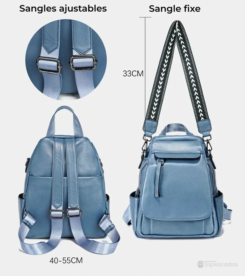 Sac à dos femme élégant bleu clair avec sangles réglables et bandoulière fixe pour un port confortable