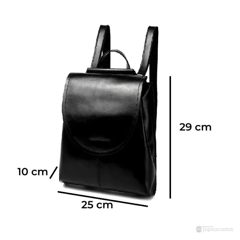 Sac à dos femme en cuir noir avec mesures indiquées : 29 cm de hauteur, 25 cm de largeur et 10 cm de profondeur, sur fond blanc.