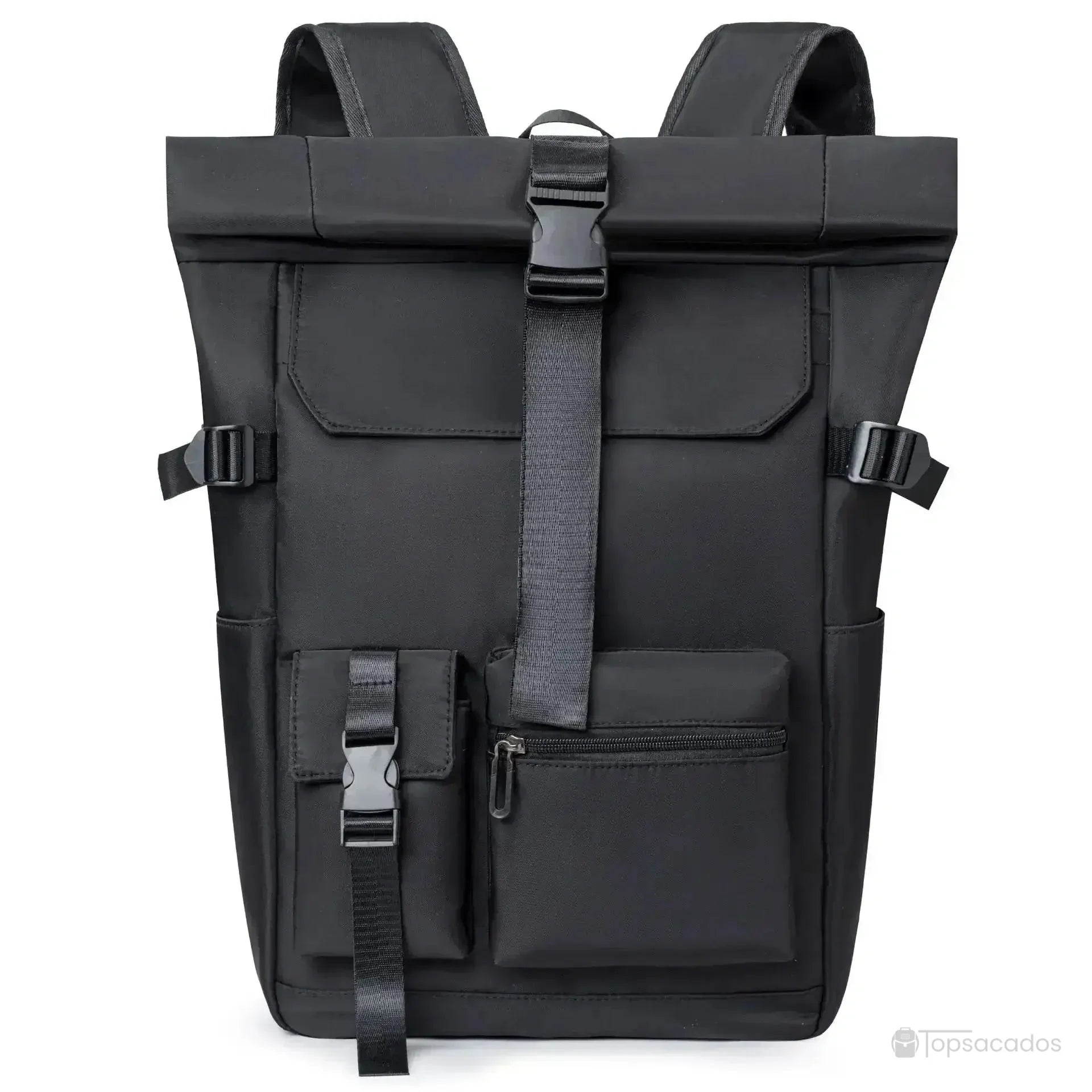 Sac à dos à fermeture enroulable noir uni photographié de face, montrant son compartiment principal et ses sangles de serrage robustes.