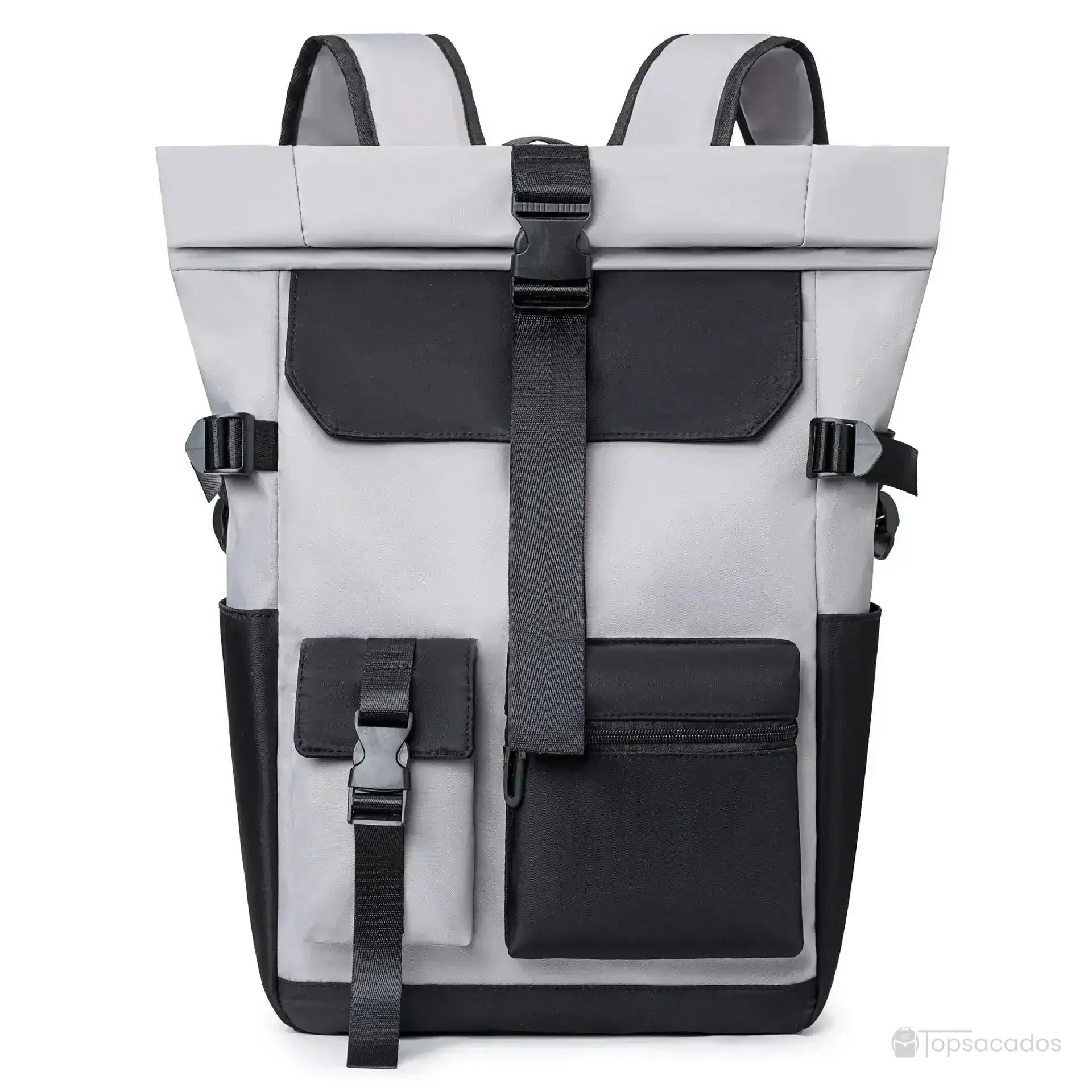 Sac à dos à fermeture enroulable en gris clair avec détails noirs, photographié de face pour présenter ses compartiments pratiques et son design moderne.