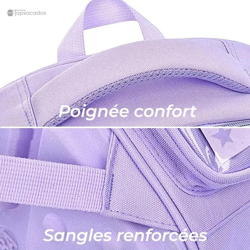 Sac à dos fille ce1 avec poignée souple et sangles renforcées, zoom sur les finitions durables