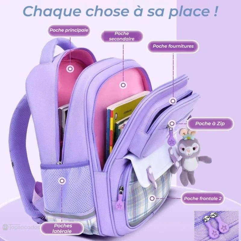 Sac à dos fille ce1 violet ouvert montrant une organisation complète avec étiquettes sur chaque compartiment