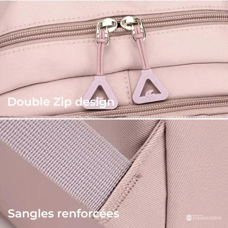 Sac à dos fille rose clair avec doubles fermetures zippées triangulaires et sangles renforcées