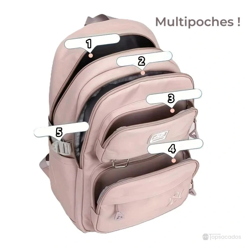 Sac à dos fille multipoche rose avec cinq compartiments numérotés visibles pour une organisation optimale