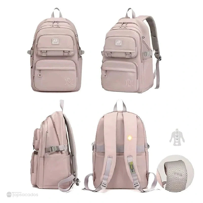 Sac à dos fille rose montré sous plusieurs angles avec focus sur les bretelles, les sangles et la structure ergonomique