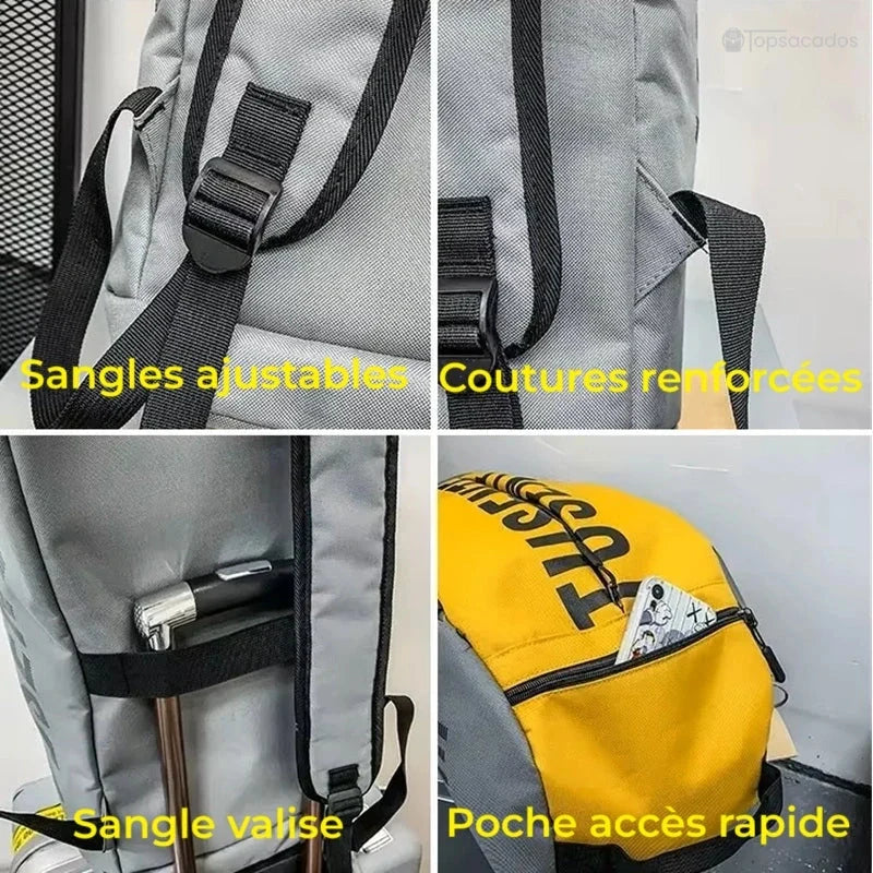 Sac à dos foot avec sangles ajustables, coutures renforcées, poche rapide et attache valise, vu en gros plan.