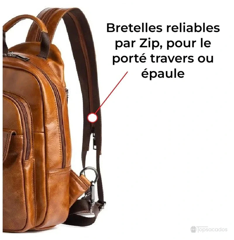 Sac à dos homme cuir de vachette avec bretelles reliables par fermeture éclair pour un port croisé ou épaule, sur fond blanc.