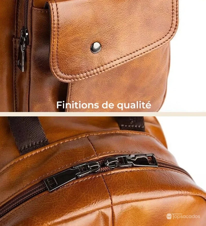 Sac à dos homme cuir de vachette gros plan sur les finitions de la poche avant et fermeture éclair métallique robuste, sur fond blanc.