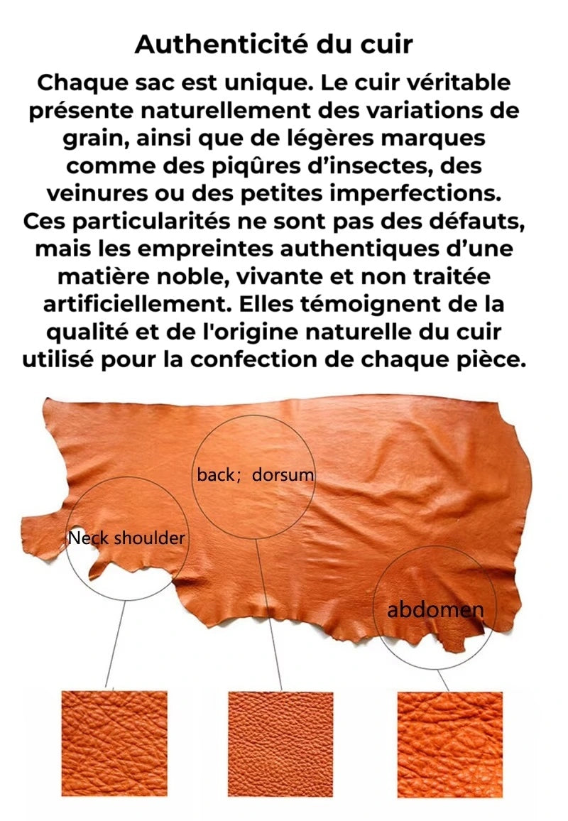 Sac à dos homme cuir noir explication de l'authenticité du cuir véritable illustrée par un morceau de cuir brut orangé.