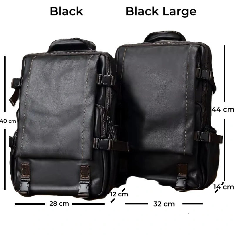 Sac à dos homme cuir noir comparatif des dimensions entre deux tailles de sacs rectangulaires en cuir noir.