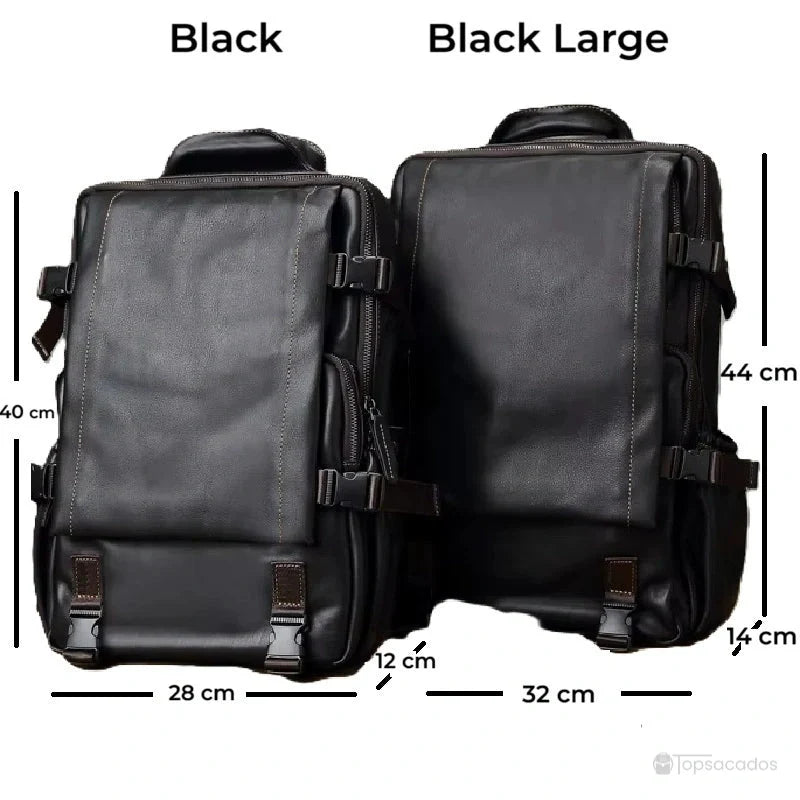 Sac Ă  dos homme cuir noir comparatif des dimensions entre deux tailles de sacs rectangulaires en cuir noir.