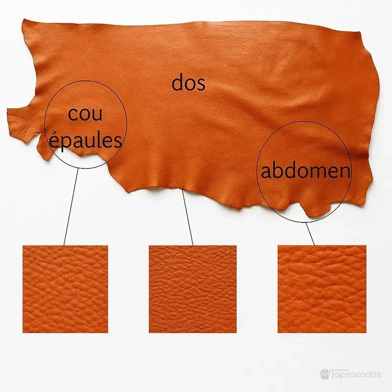 Sac à dos homme cuir vintage illustré à partir d’un cuir pleine fleur, détaillant les zones du cou, dos et abdomen pour montrer la qualité du matériau.