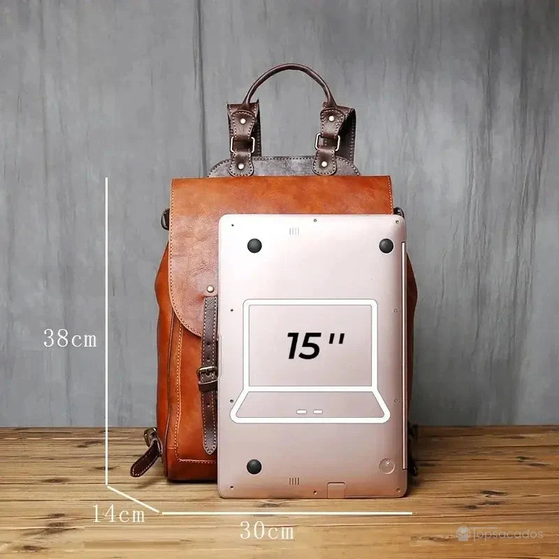 Sac à dos homme cuir vintage comparé à un ordinateur 15 pouces, avec dimensions de 38x30x14 cm indiquées devant un fond gris.