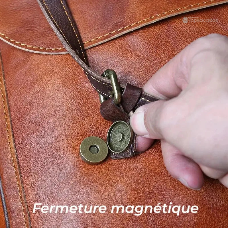 Sac à dos homme cuir vintage avec gros plan sur le système d’ouverture magnétique en métal vieilli, manipulé par une main.