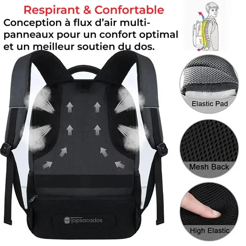 Sac à dos Homme ville ergonomique avec dos respirant, coussinets élastiques et renforts confortables.