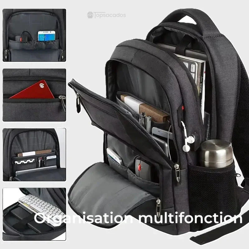 Sac à dos Homme ville avec organisation intérieure multifonction pour ordinateur, accessoires et effets personnels.