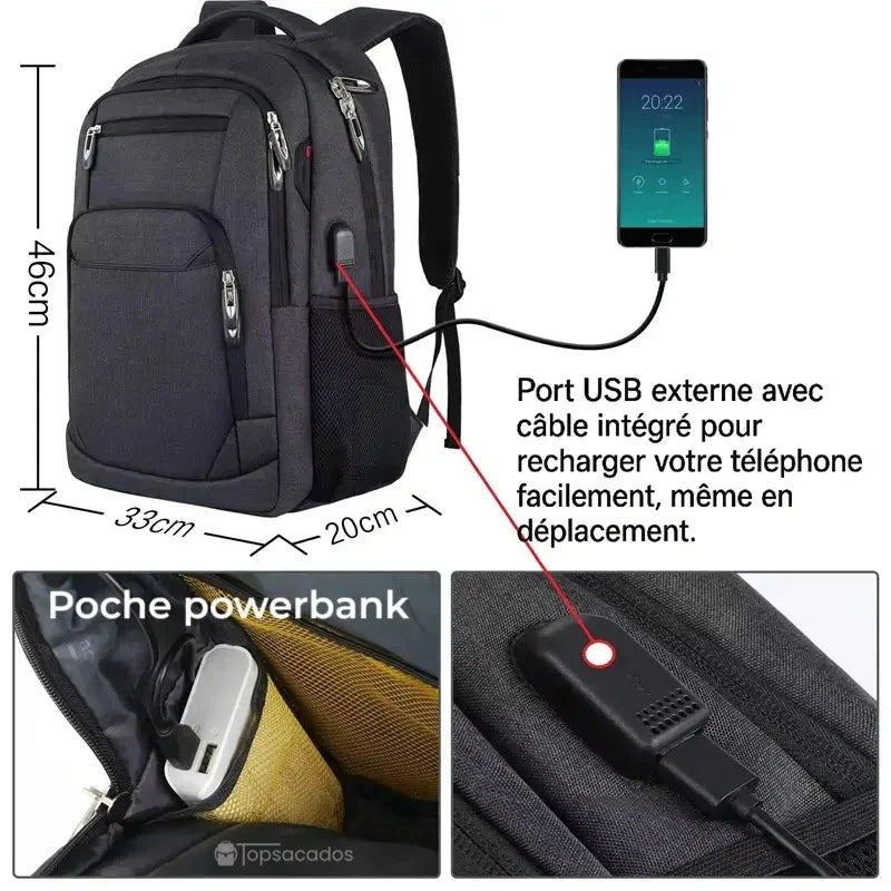 Sac à dos Homme ville avec port USB intégré, câble de recharge et poche powerbank pour rester connecté.