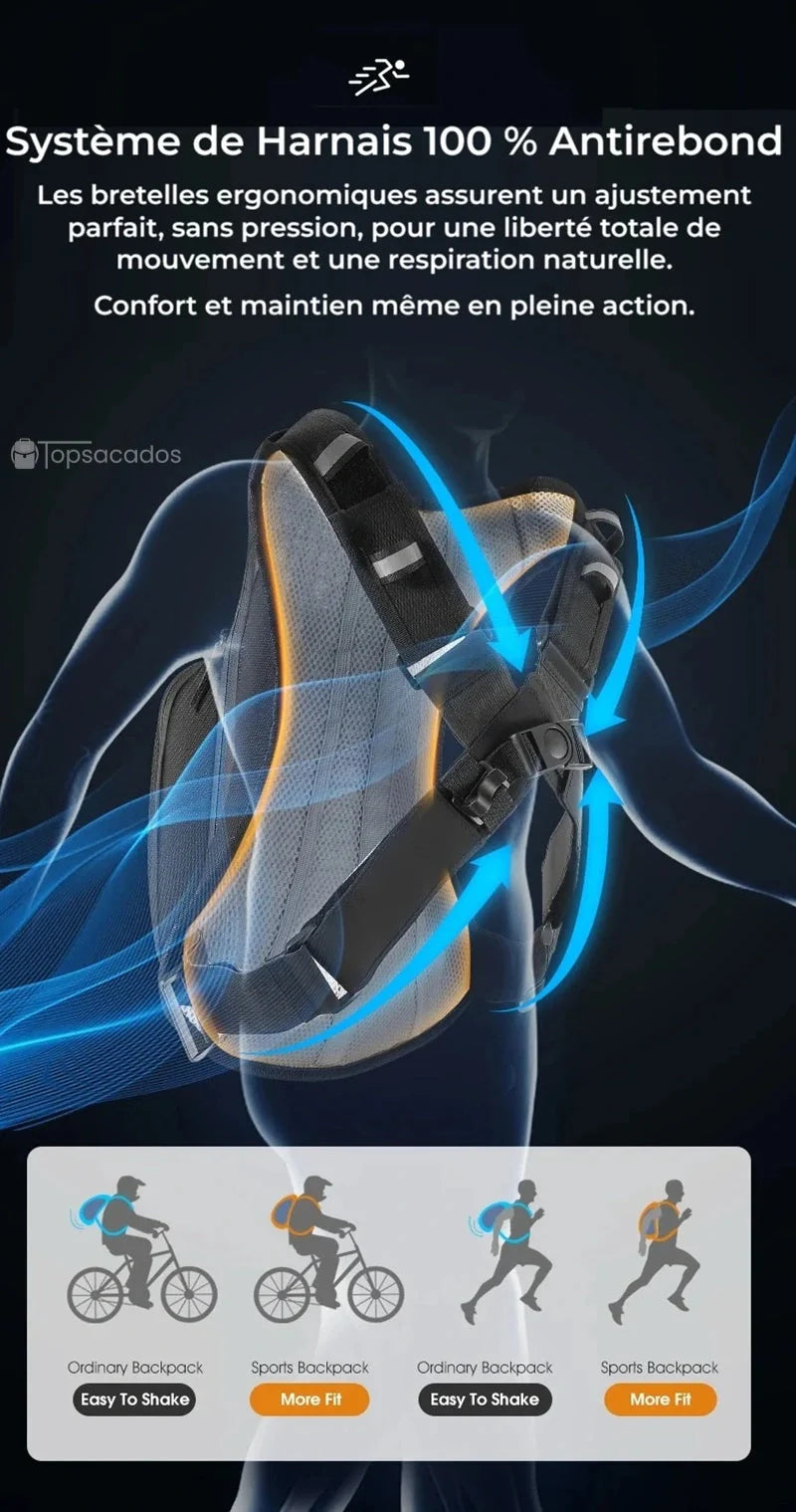 sac à dos hydratation 2 litres avec harnais anti-rebond, montré sur un mannequin en mouvement, flÚches bleues illustrant le soutien ergonomique et la stabilité pour la course