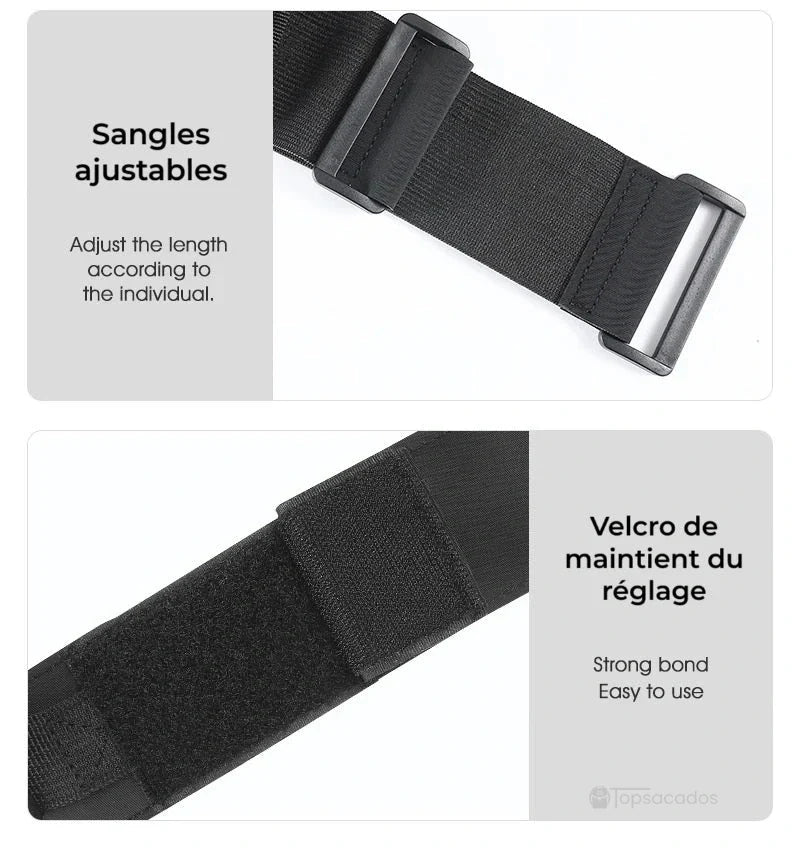 sac à dos hydratation 2 litres gros plan sur les sangles réglables et le velcro de maintien, conçus pour un ajustement précis