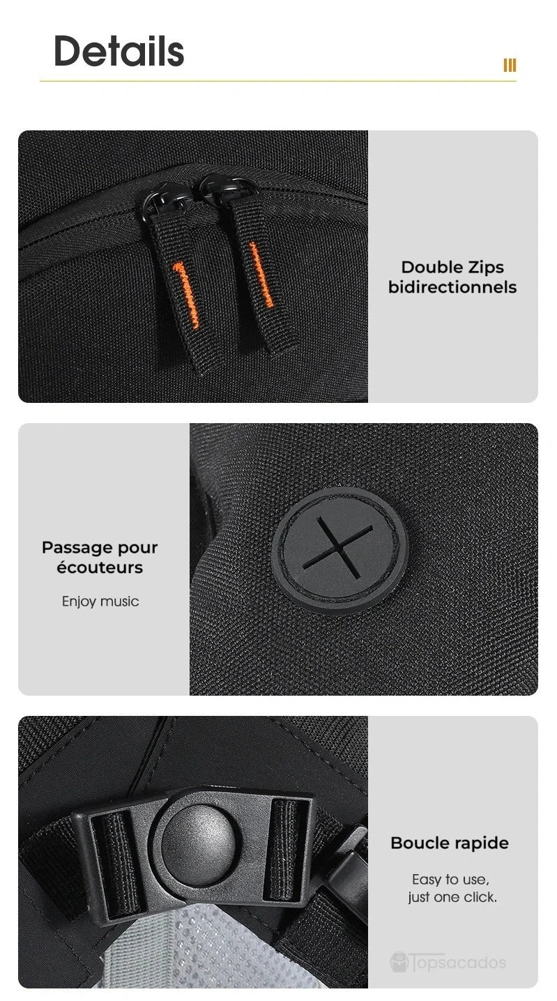 sac à dos hydratation 2 litres zoom sur les détails : fermeture éclair double sens, passe-écouteurs et boucle de poitrine pratique