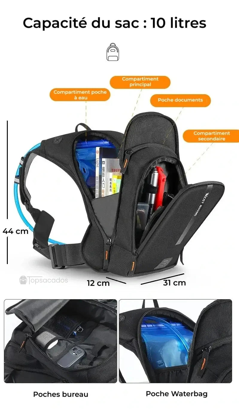 sac à dos hydratation 2 litres ouvert montrant les différents compartiments : documents, bureau, et poche à eau, avec étiquettes de dimensions