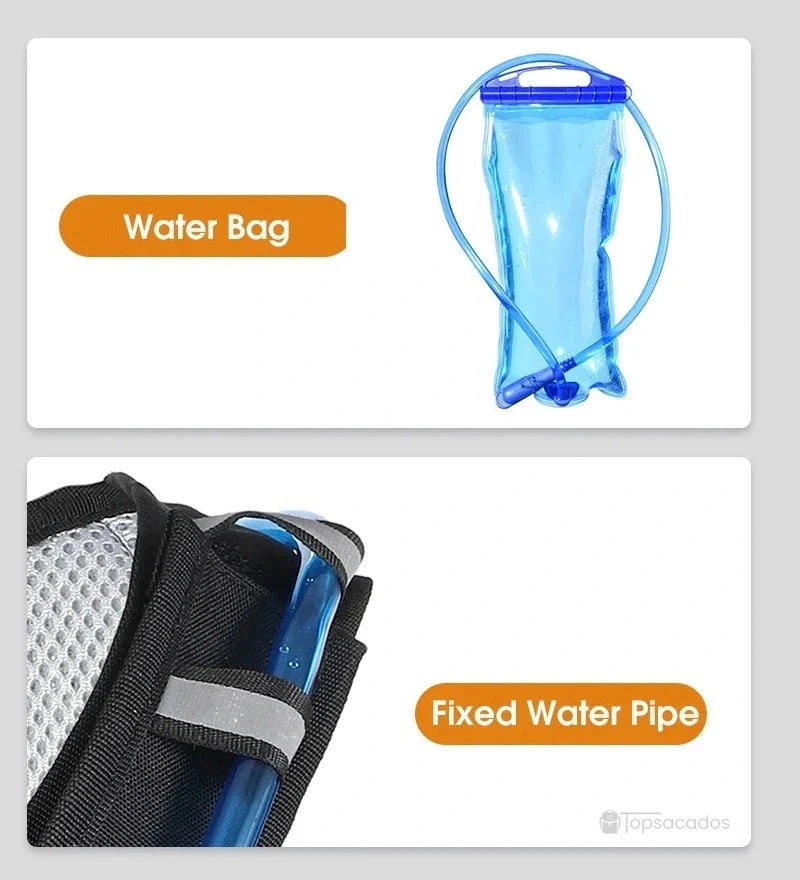 sac à dos hydratation 2 litres gros plan sur la poche à eau et son tuyau fixé par une bande velcro grise sur la bretelle du sac