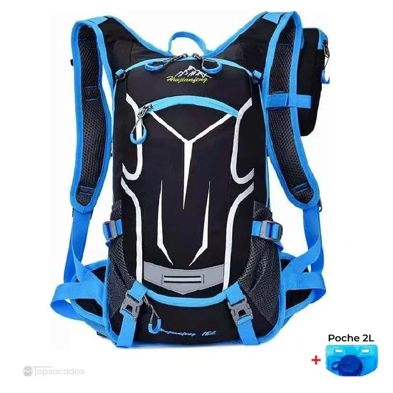 sac à dos hydratation bleu avec tuyau et poche à eau 2L, vu de face avec renforts dorsaux et attaches multiples