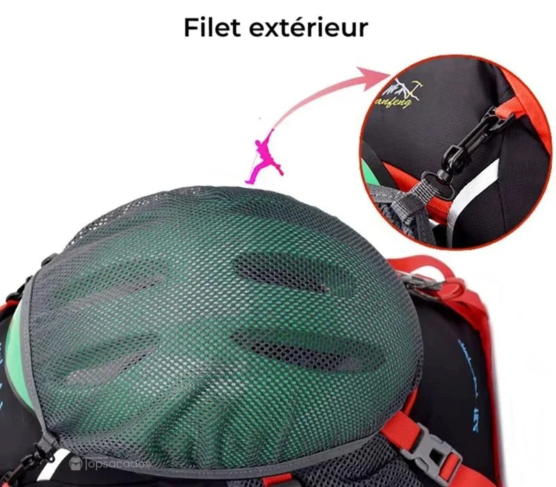sac à dos hydratation équipé d’un filet extérieur pour casque ou accessoires de sport