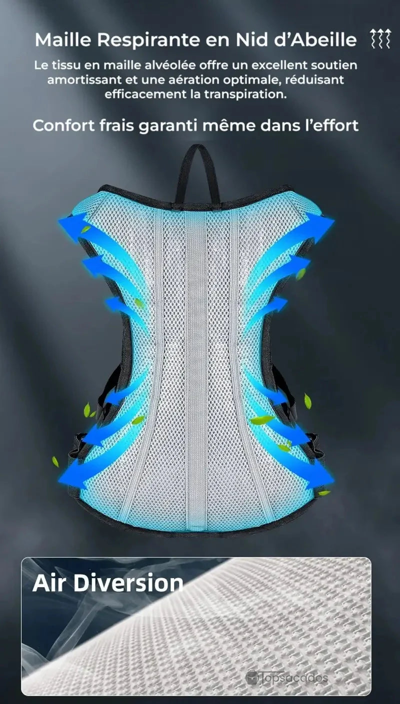 sac Ă dos hydratation 2 litres avec dos en maille respirante alvĂ©olĂ©e, illustrant la circulation de lâair et lâeffet anti-transpiration