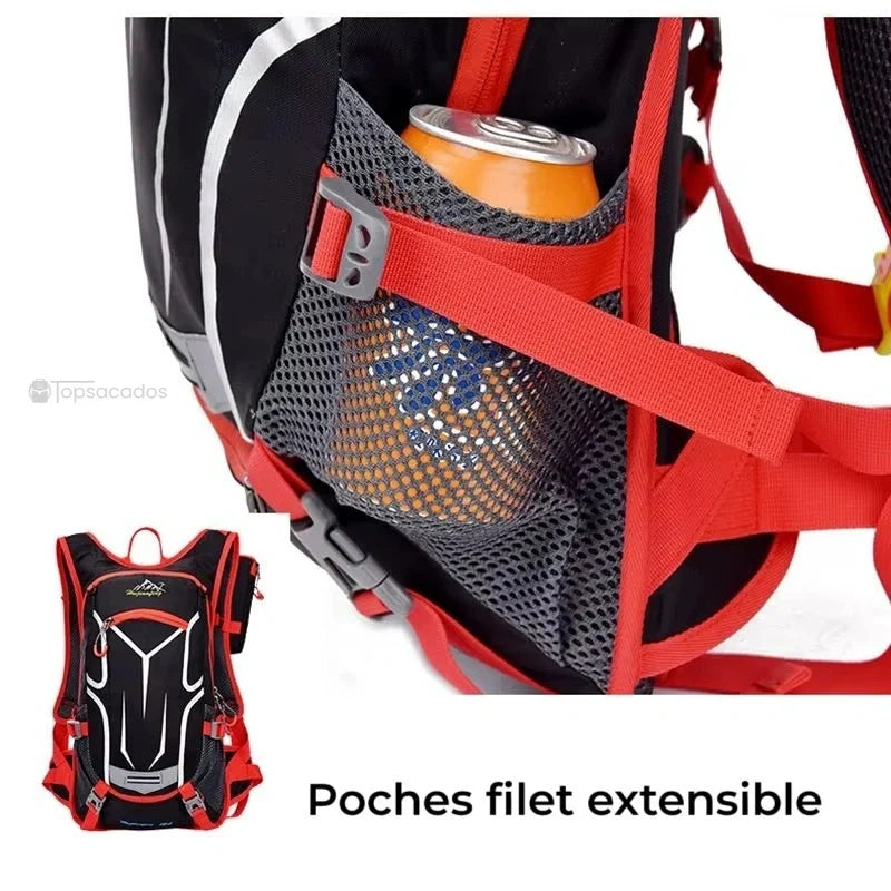 sac à dos hydratation avec poches latérales en filet extensible contenant une canette de boisson