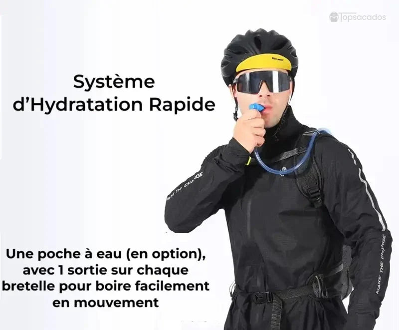 sac à dos 16 l avec système d’hydratation rapide, cycliste en action buvant à travers le tuyau relié à la poche à eau