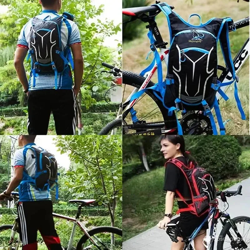 sac à dos hydratation porté par des cyclistes en extérieur, en pleine activité sportive en forêt