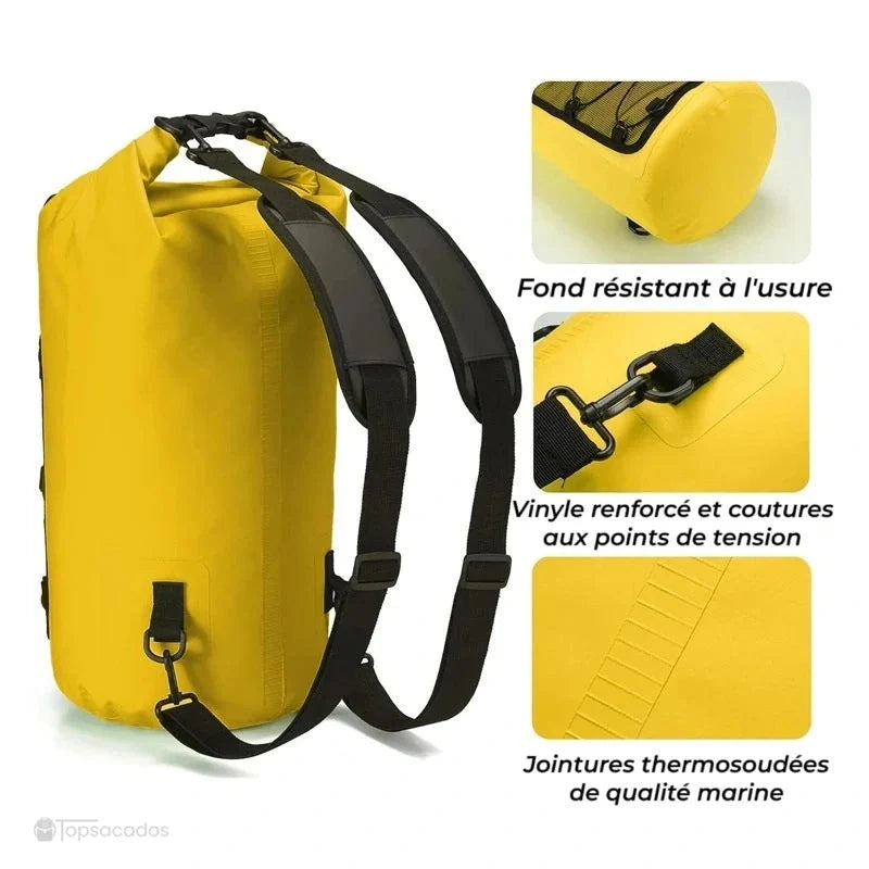 Sac à dos imperméable jaune vu de dos avec focus sur les coutures renforcées, fond résistant et attaches en vinyle.