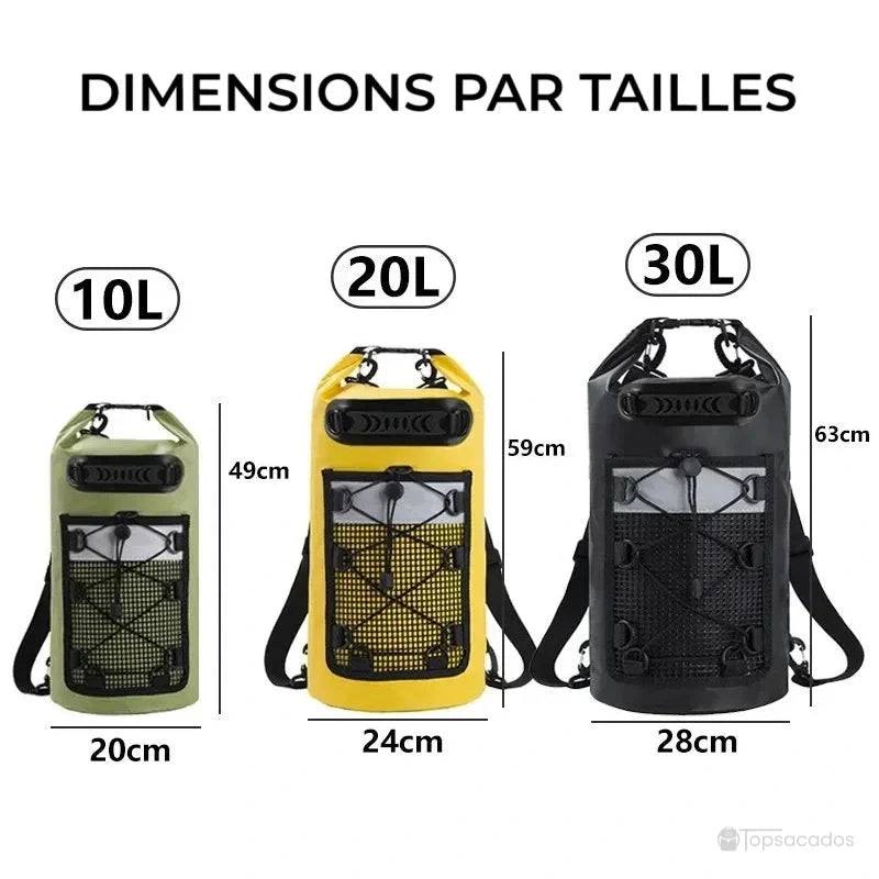 Sac à dos imperméable décliné en 10L, 20L et 30L, avec dimensions affichées pour chaque taille sur fond blanc.